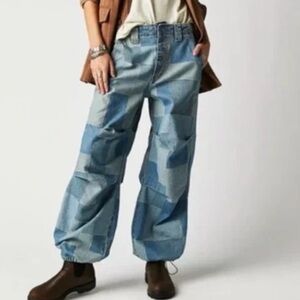 Free People We The Free NEWBIES Slouchy Wide Leg Patchwork Blue Jeans
